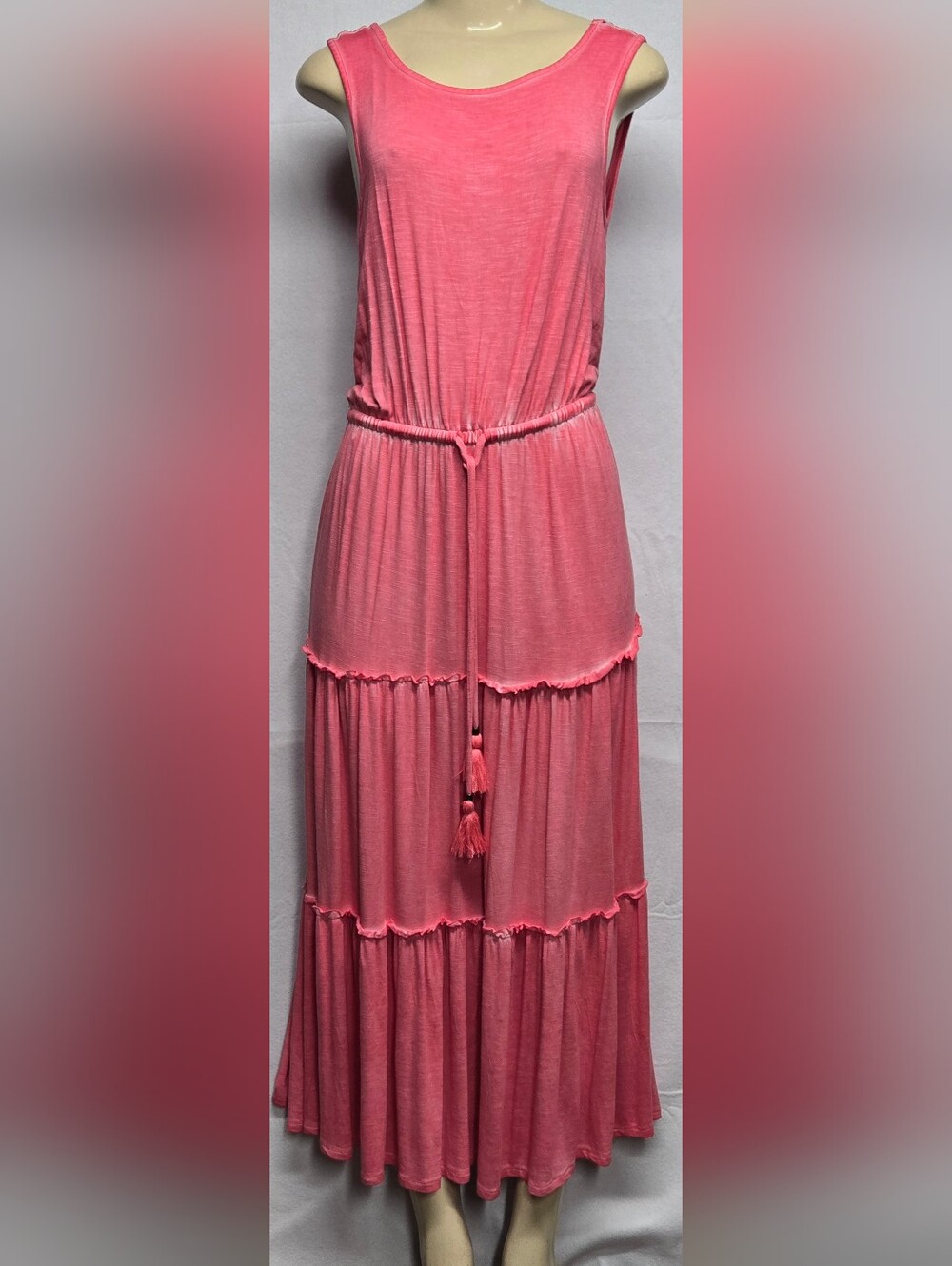 Knox Rose S Dress Pullover Slinky Stretch Elastic Waist Tassels Tiered Pink